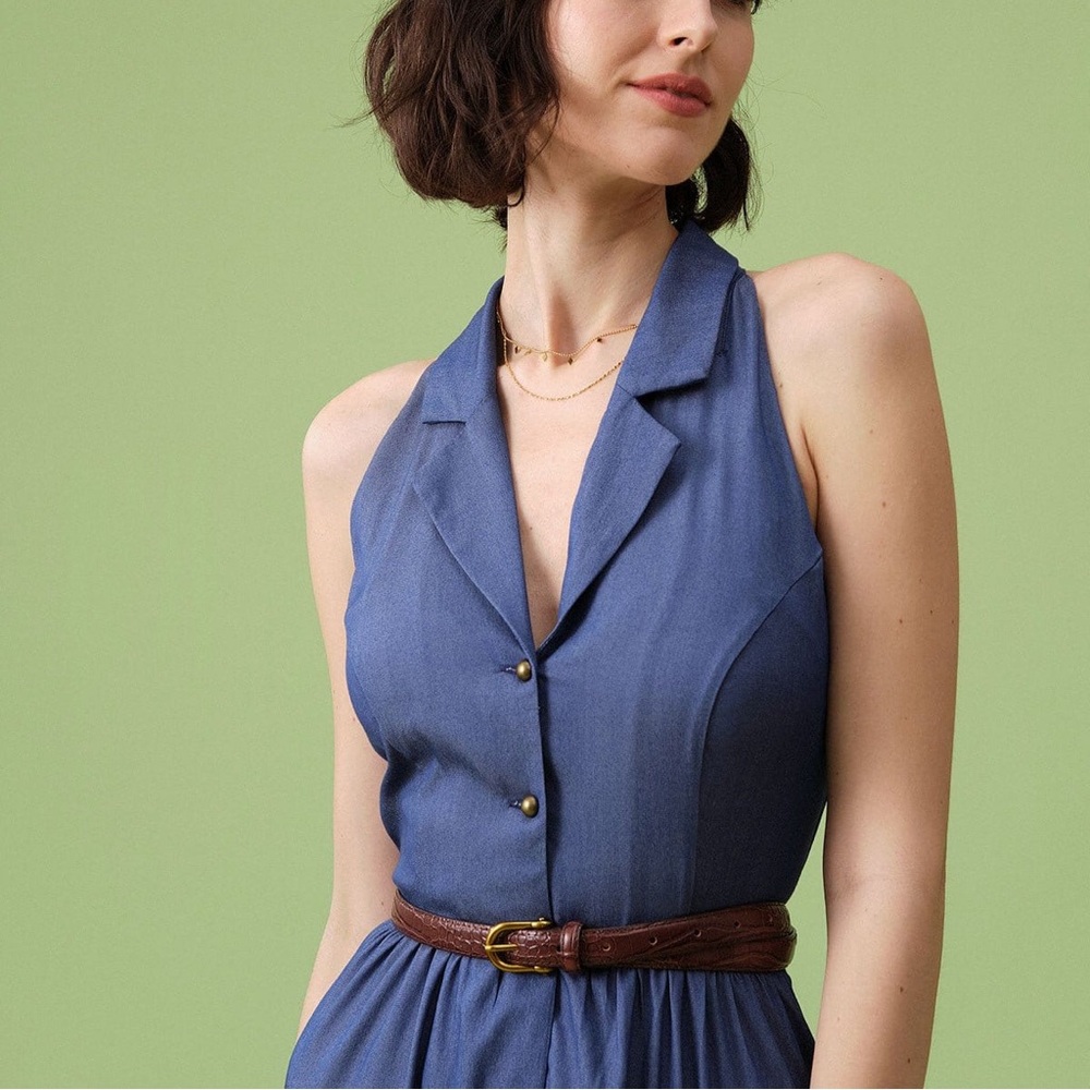 Rihoas Blue Lapel Tunic Sleeveless Midi Dress - Picture 4 of 10